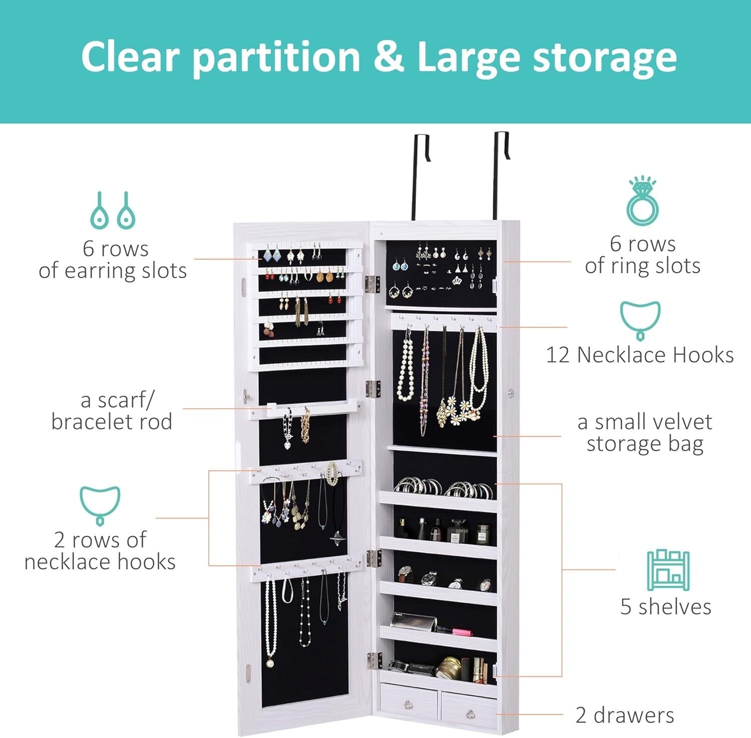 LED Mirror Jewelry Cabinet Wall Mounted Lockable Storage Organizer - Kwikley
