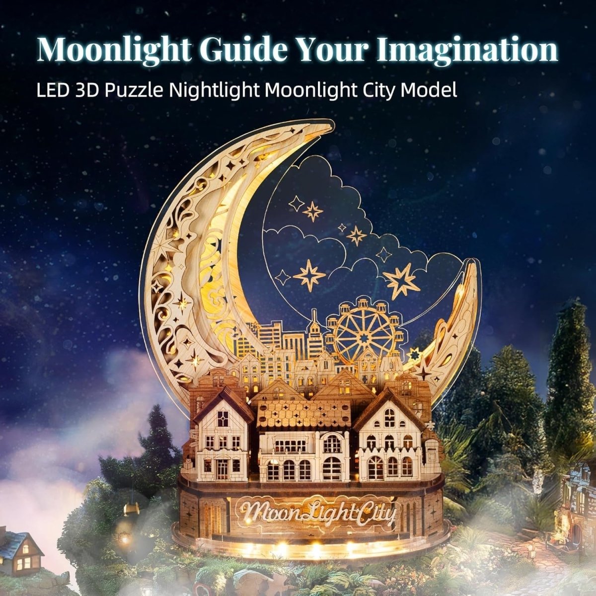 LED Moon City 3D Wooden Puzzle DIY Night Light Fantasy Home Decor - Kwikley