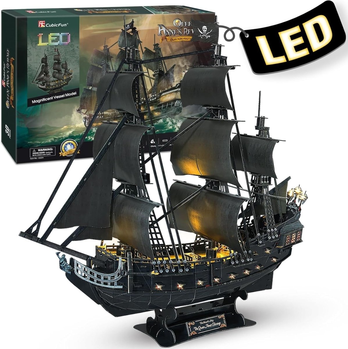 LED Pirate Ship 3D Puzzle 340 Piece Queen Annes Revenge Model Kit - Kwikley