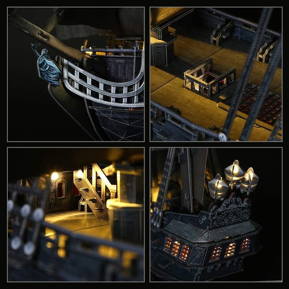 LED Pirate Ship 3D Puzzle 340 Piece Queen Annes Revenge Model Kit - Kwikley