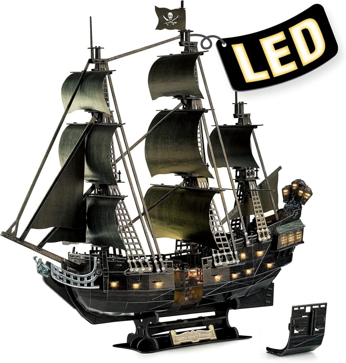 LED Queen Annes Revenge Pirate Ship 3D Puzzle 340 Piece Model Kit - Kwikley