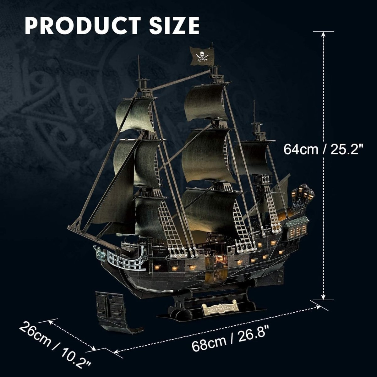 LED Queen Annes Revenge Pirate Ship 3D Puzzle 340 Piece Model Kit - Kwikley