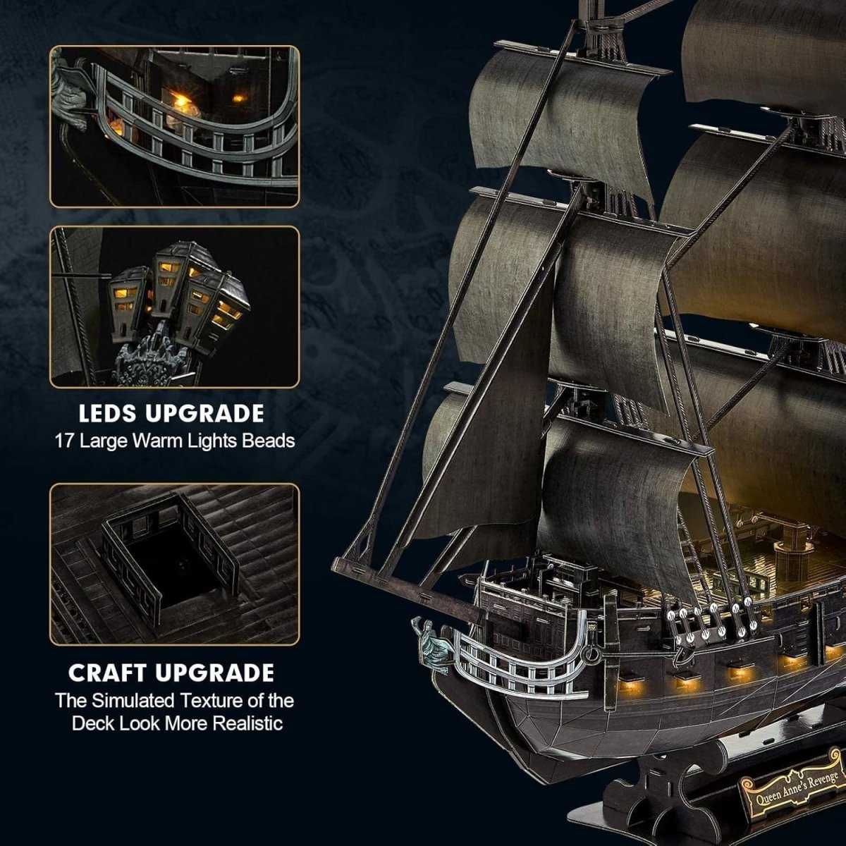 LED Queen Annes Revenge Pirate Ship 3D Puzzle 340 Piece Model Kit - Kwikley
