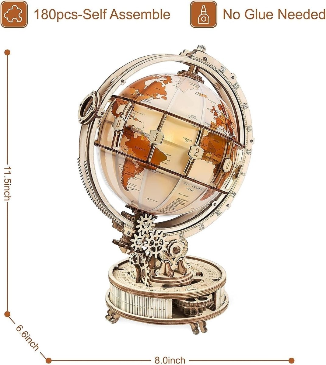LED Rotating Globe 3D Wooden Puzzle Mechanical Model Kit DIY Gift - Kwikley