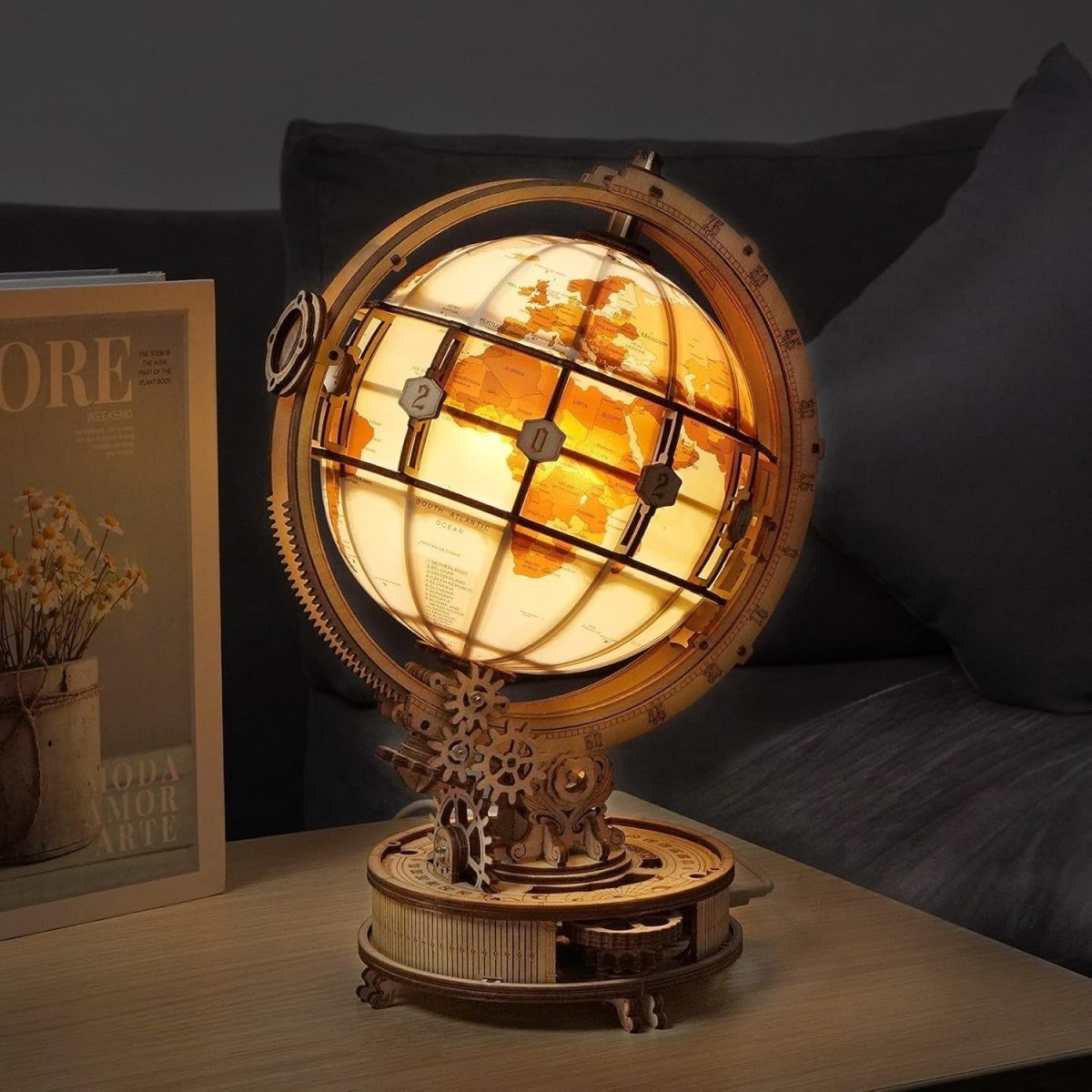 LED Rotating Globe 3D Wooden Puzzle Mechanical Model Kit DIY Gift - Kwikley