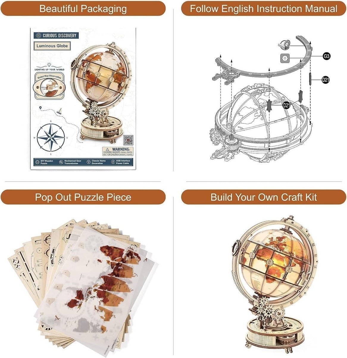 LED Rotating Globe 3D Wooden Puzzle Mechanical Model Kit DIY Gift - Kwikley