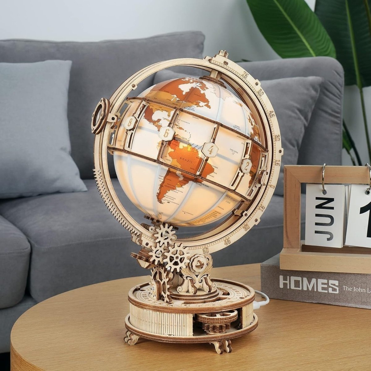 LED Rotating Globe 3D Wooden Puzzle Mechanical Model Kit DIY Gift - Kwikley