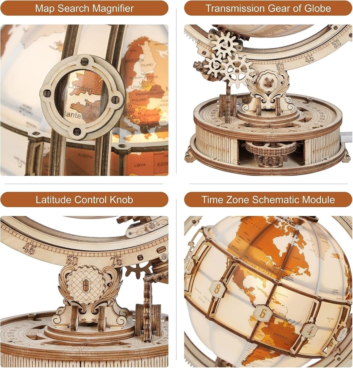 LED Rotating Globe 3D Wooden Puzzle Mechanical Model Kit DIY Gift - Kwikley