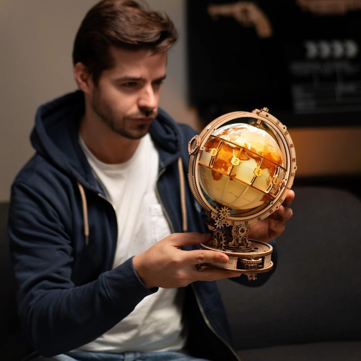 LED Rotating Globe 3D Wooden Puzzle Mechanical Model Kit DIY Gift - Kwikley