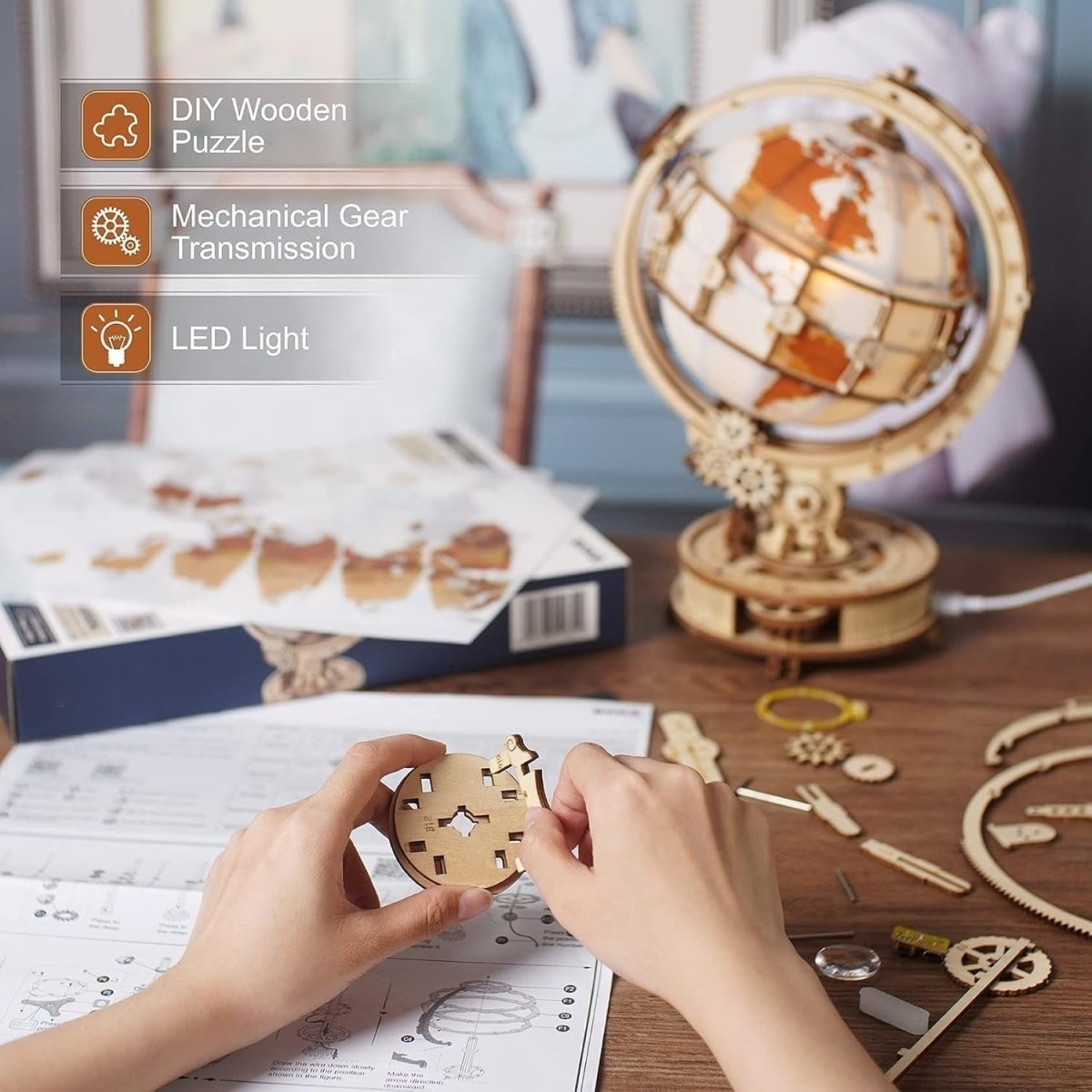 LED Rotating Globe 3D Wooden Puzzle Mechanical Model Kit DIY Gift - Kwikley