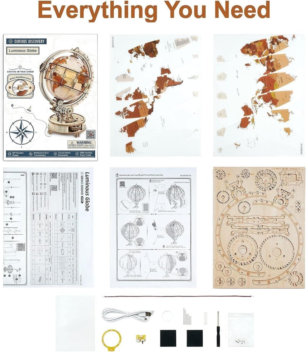 LED Rotating Globe 3D Wooden Puzzle Mechanical Model Kit DIY Gift - Kwikley