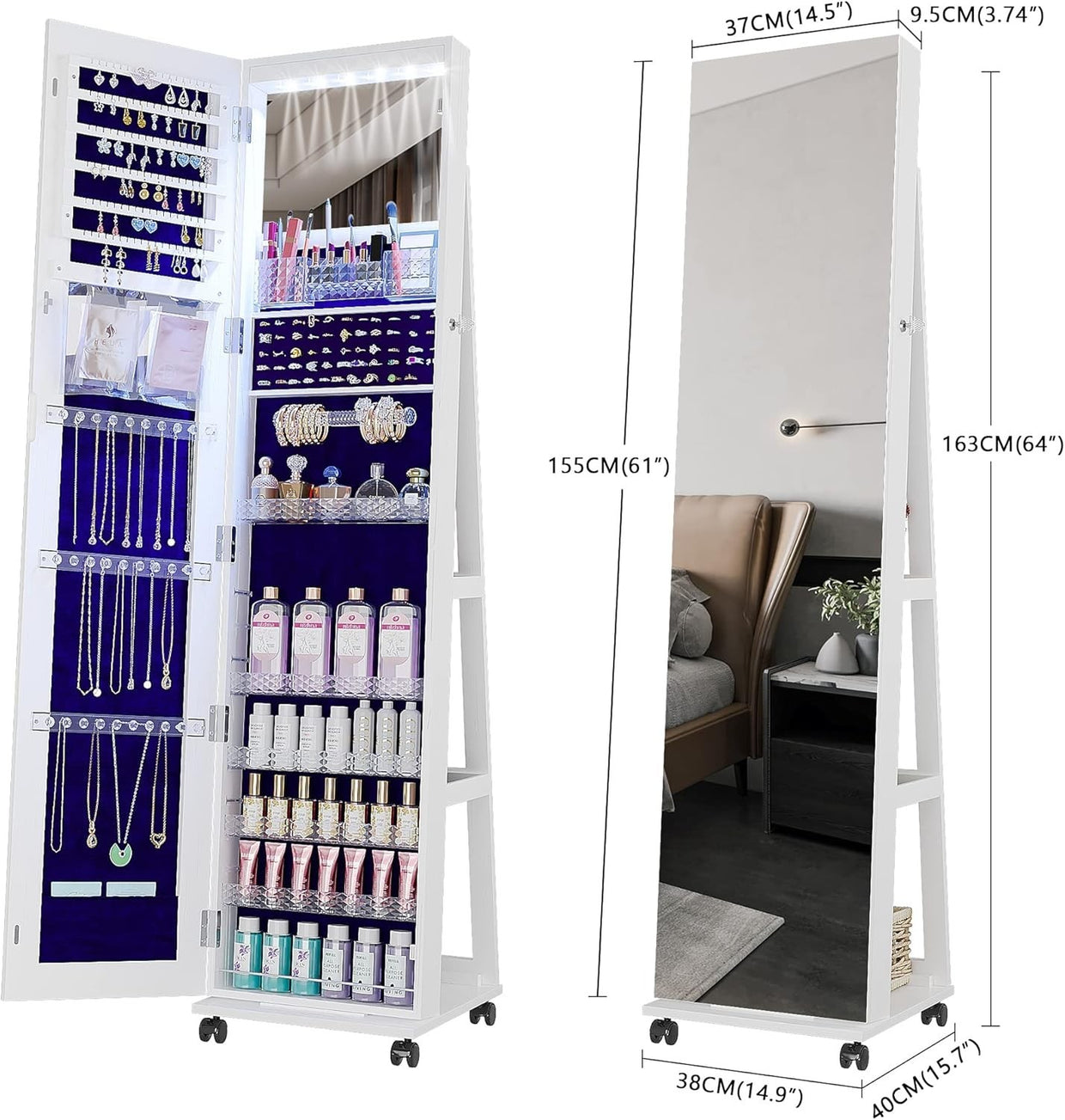LED Rotating Jewelry Armoire Full Length Mirror Rolling Storage Cabinet - Kwikley