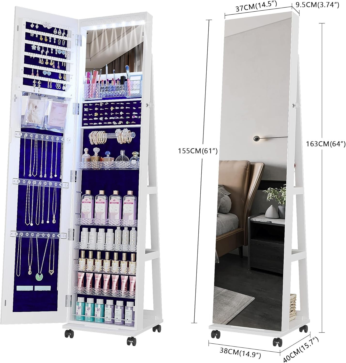 LED Rotating Jewelry Armoire Full Length Mirror Rolling Storage Cabinet - Kwikley