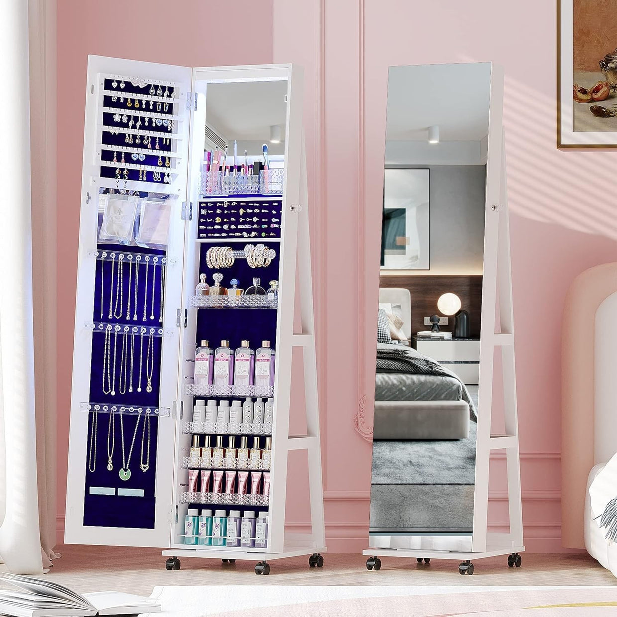 LED Rotating Jewelry Armoire Full Length Mirror Rolling Storage Cabinet - Kwikley