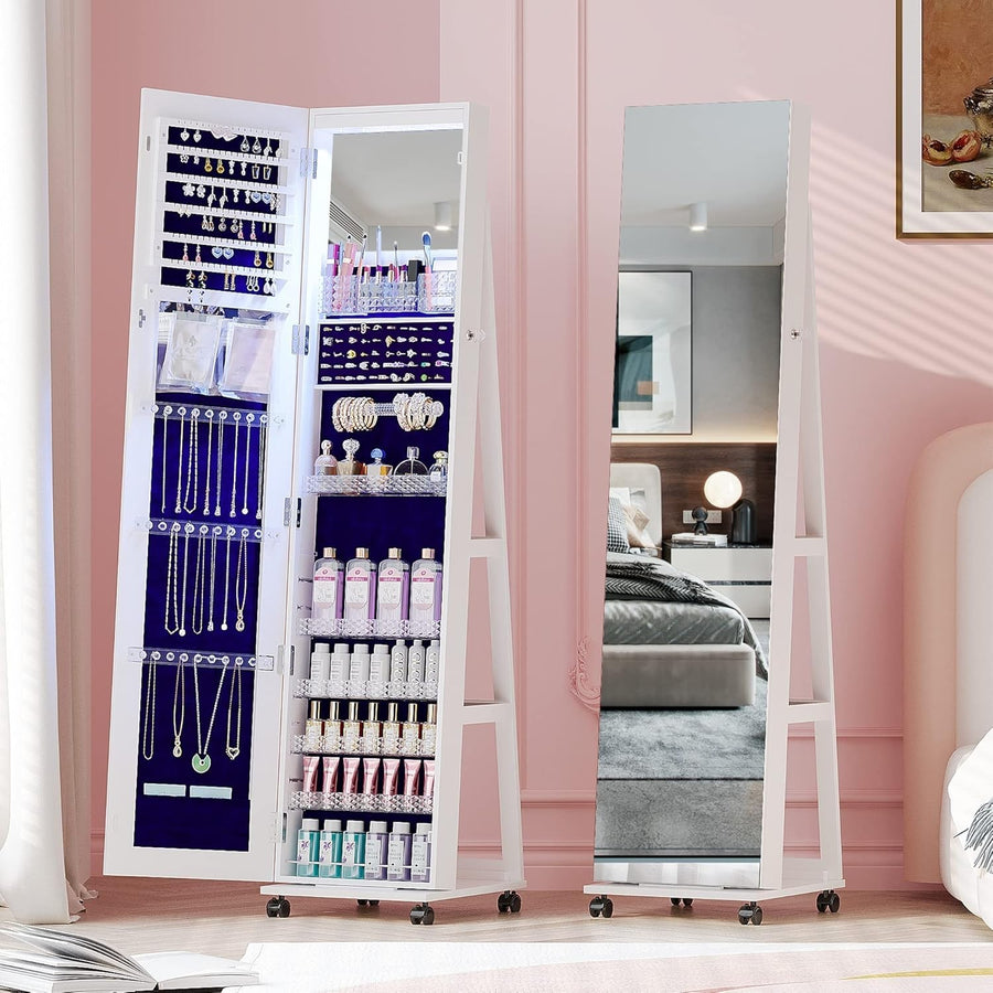 LED Rotating Jewelry Armoire Full Length Mirror Rolling Storage Cabinet - Kwikley