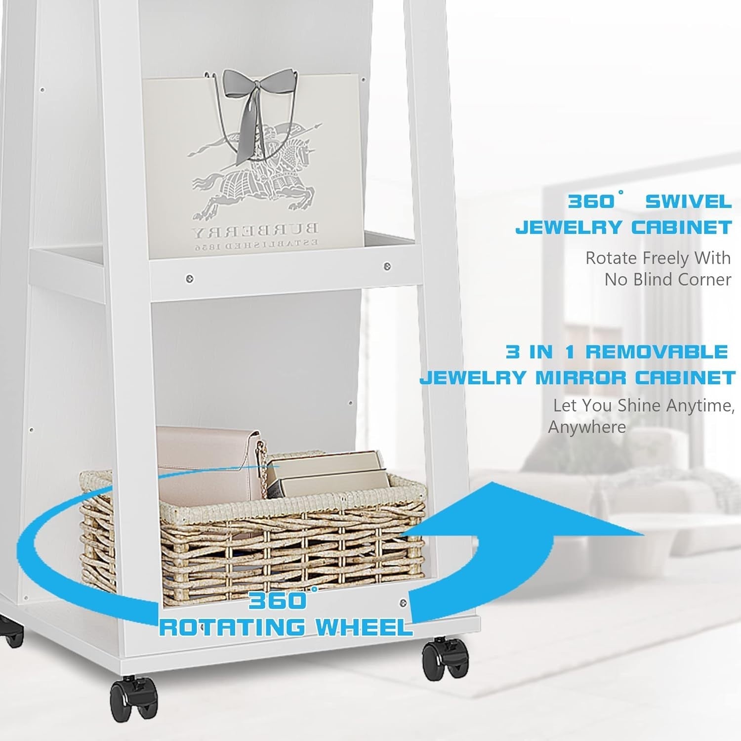 LED Rotating Jewelry Armoire Full Length Mirror Rolling Storage Cabinet - Kwikley