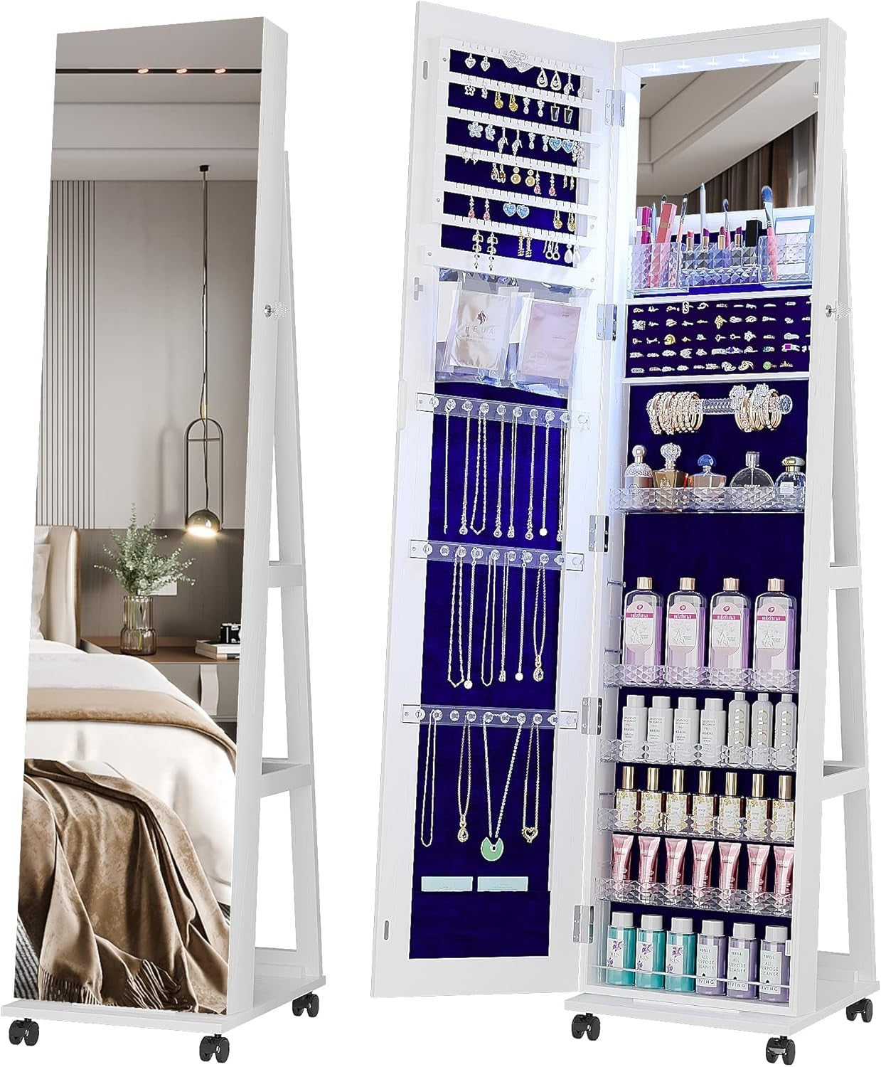 LED Rotating Jewelry Armoire Full Length Mirror Rolling Storage Cabinet - Kwikley