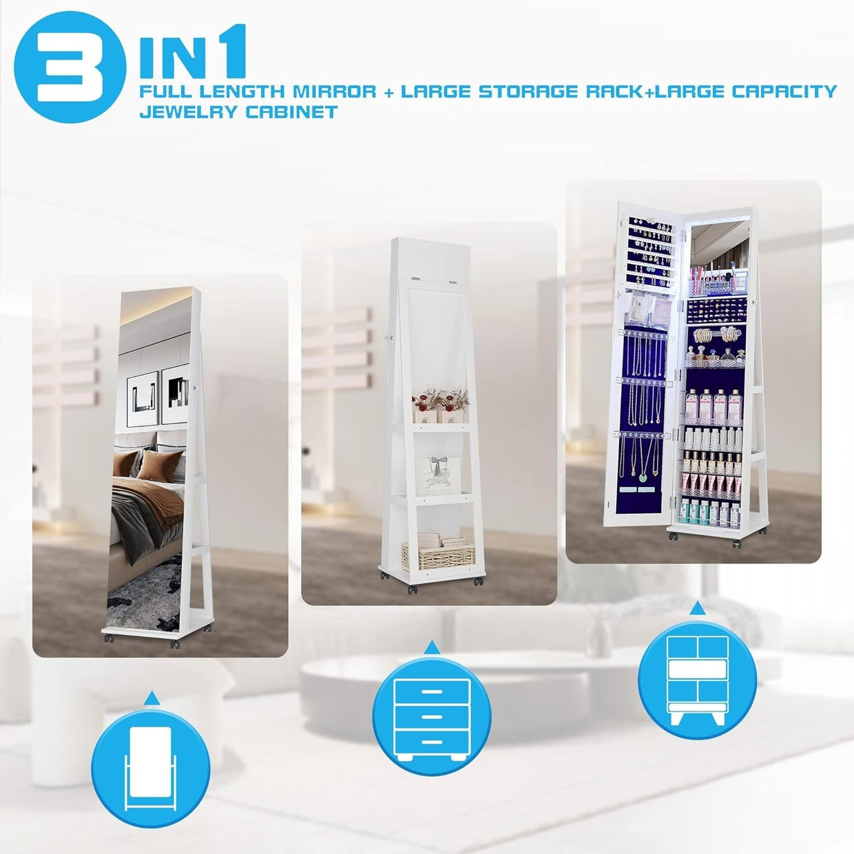 LED Rotating Jewelry Armoire Full Length Mirror Rolling Storage Cabinet - Kwikley