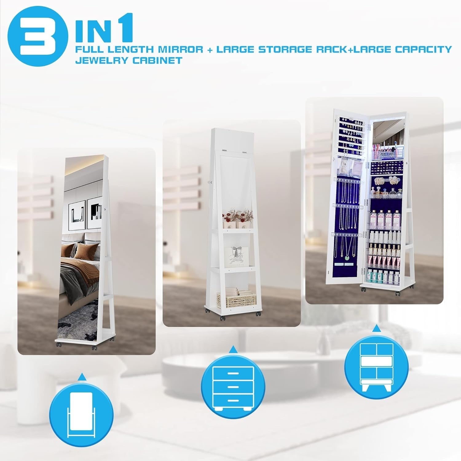 LED Rotating Jewelry Armoire Full Length Mirror Rolling Storage Cabinet - Kwikley