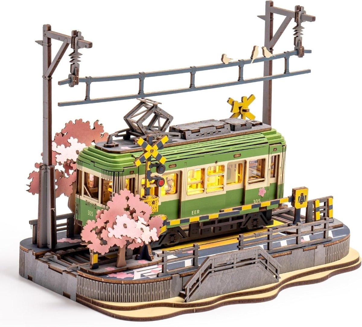 LED Sakura Tram 3D Wooden Puzzle Model Kit DIY Home Decor Gift - Kwikley