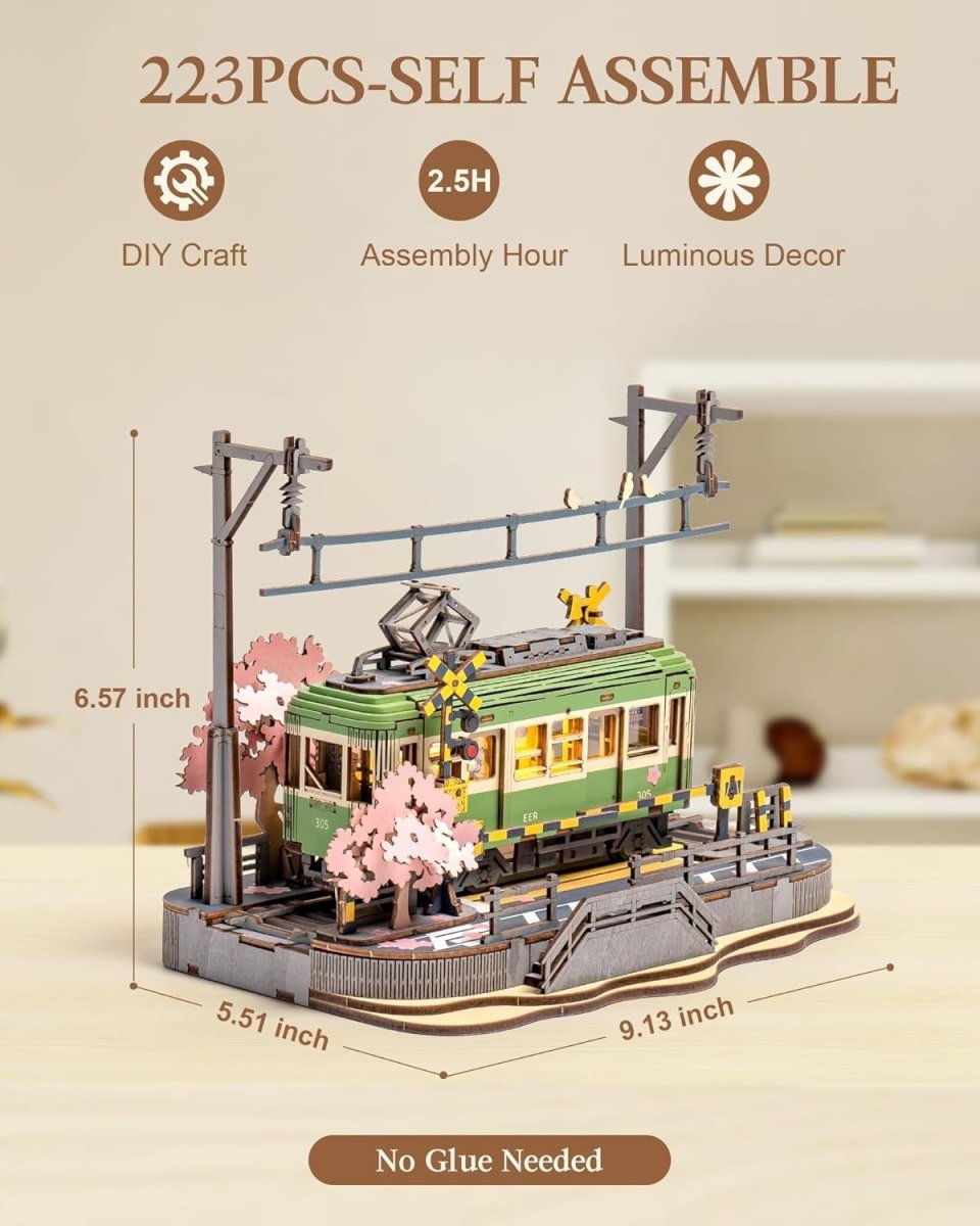LED Sakura Tram 3D Wooden Puzzle Model Kit DIY Home Decor Gift - Kwikley