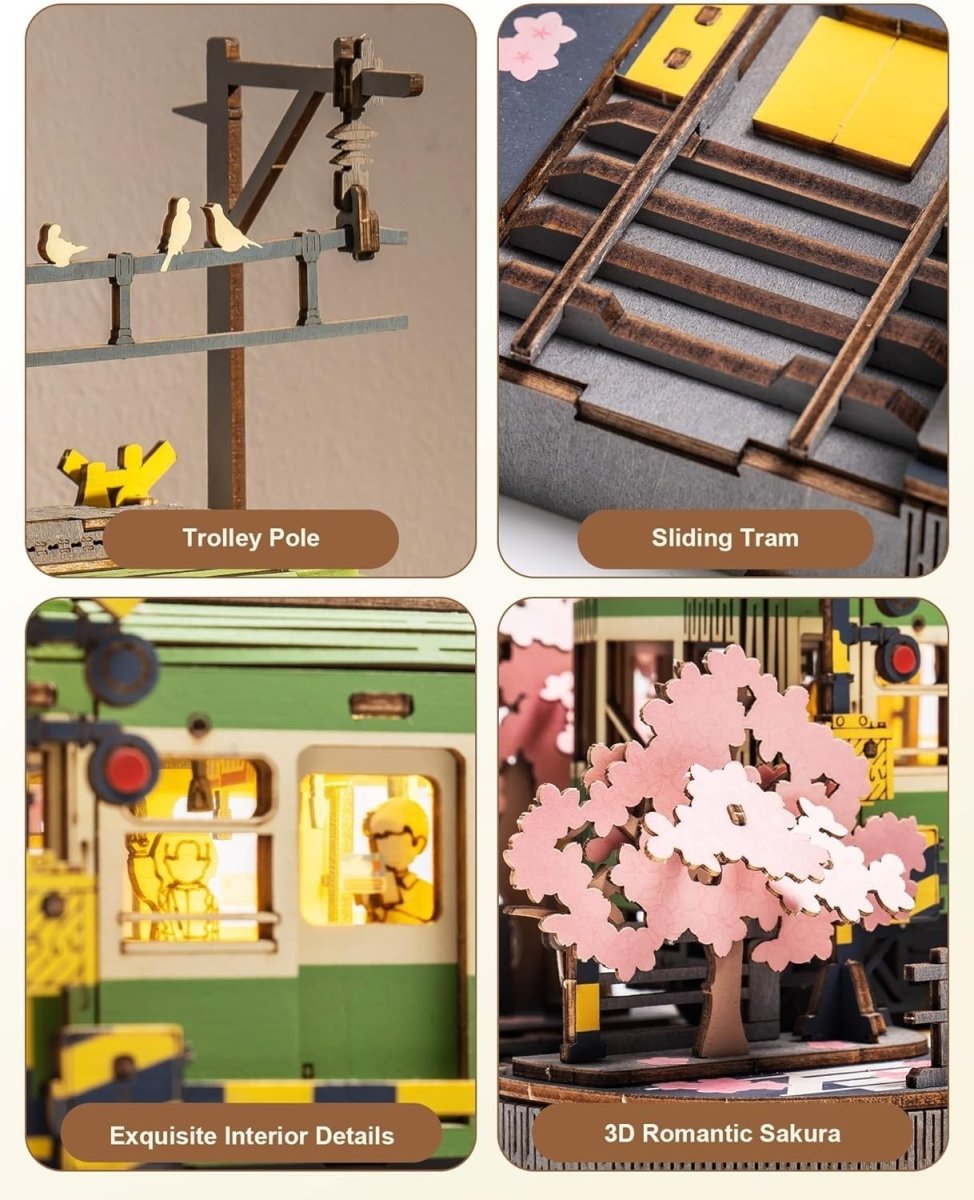 LED Sakura Tram 3D Wooden Puzzle Model Kit DIY Home Decor Gift - Kwikley