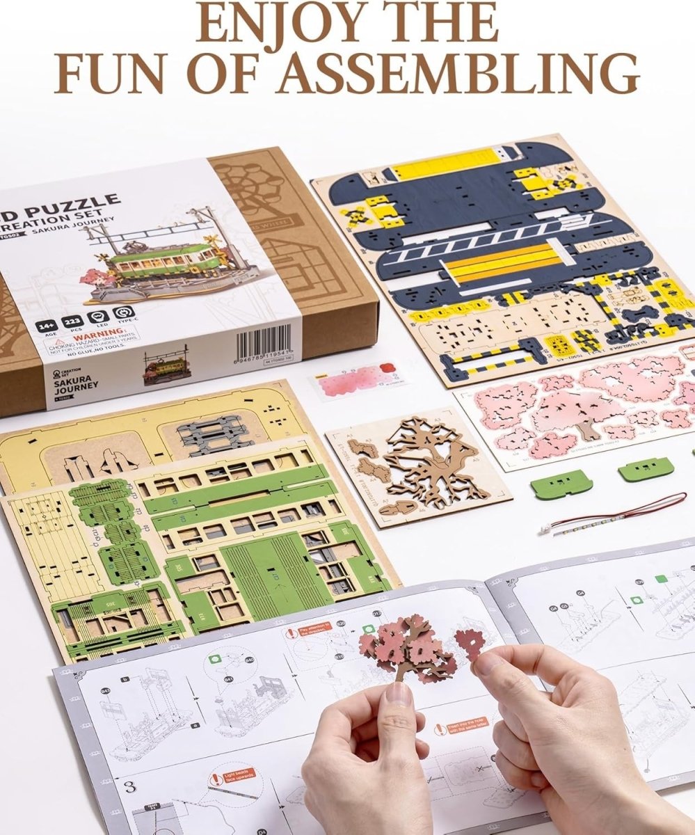 LED Sakura Tram 3D Wooden Puzzle Model Kit DIY Home Decor Gift - Kwikley