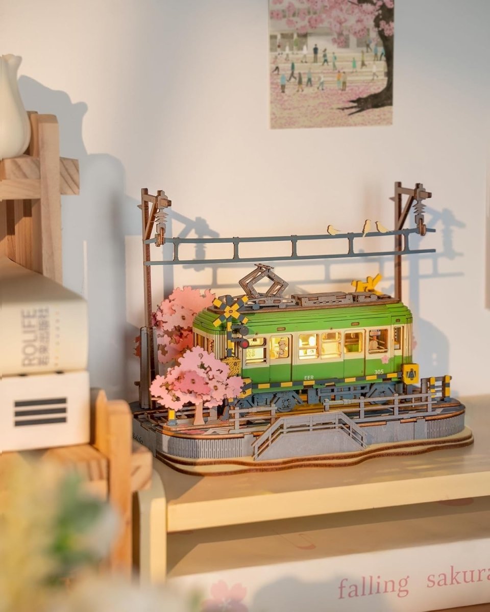 LED Sakura Tram 3D Wooden Puzzle Model Kit DIY Home Decor Gift - Kwikley