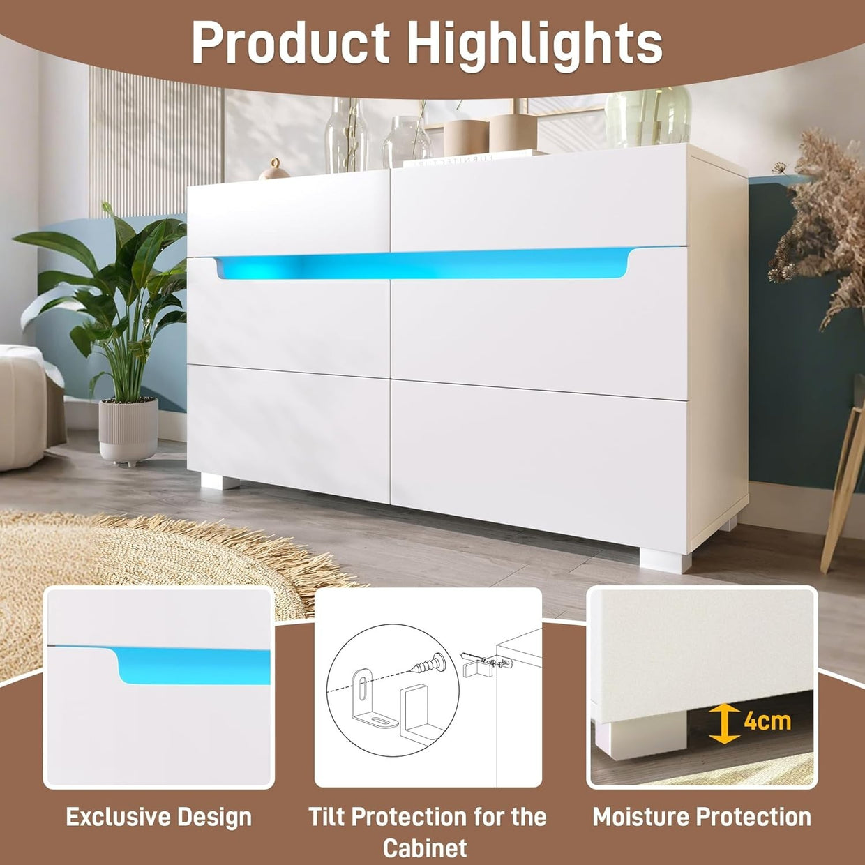 LED Sideboard Cabinet 6 Drawer Storage RGB Lights High Gloss White Modern - Kwikley