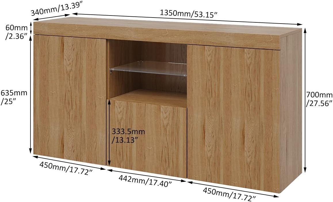 LED Sideboard Cabinet Oak 135cm Modern Storage Unit TV Stand Cupboard - Kwikley