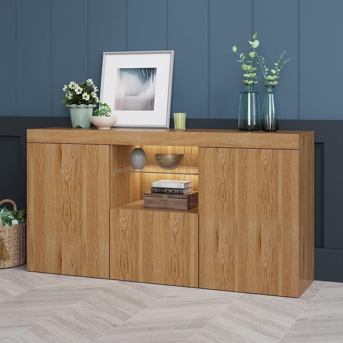 LED Sideboard Cabinet Oak 135cm Modern Storage Unit TV Stand Cupboard - Kwikley
