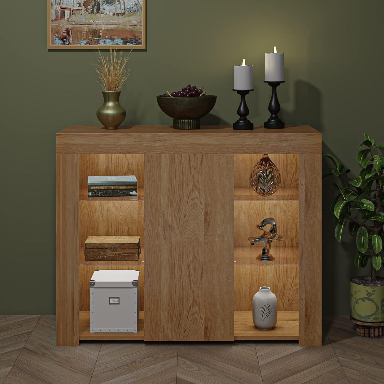 LED Sideboard Cabinet Storage Unit Glass Shelves Modern Display Cupboard - Kwikley