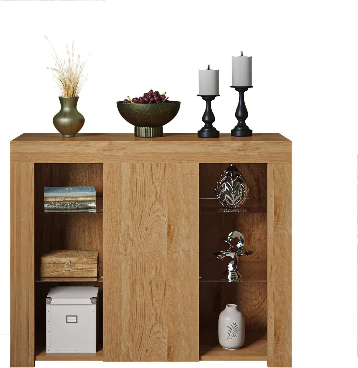 LED Sideboard Cabinet Storage Unit Glass Shelves Modern Display Cupboard - Kwikley