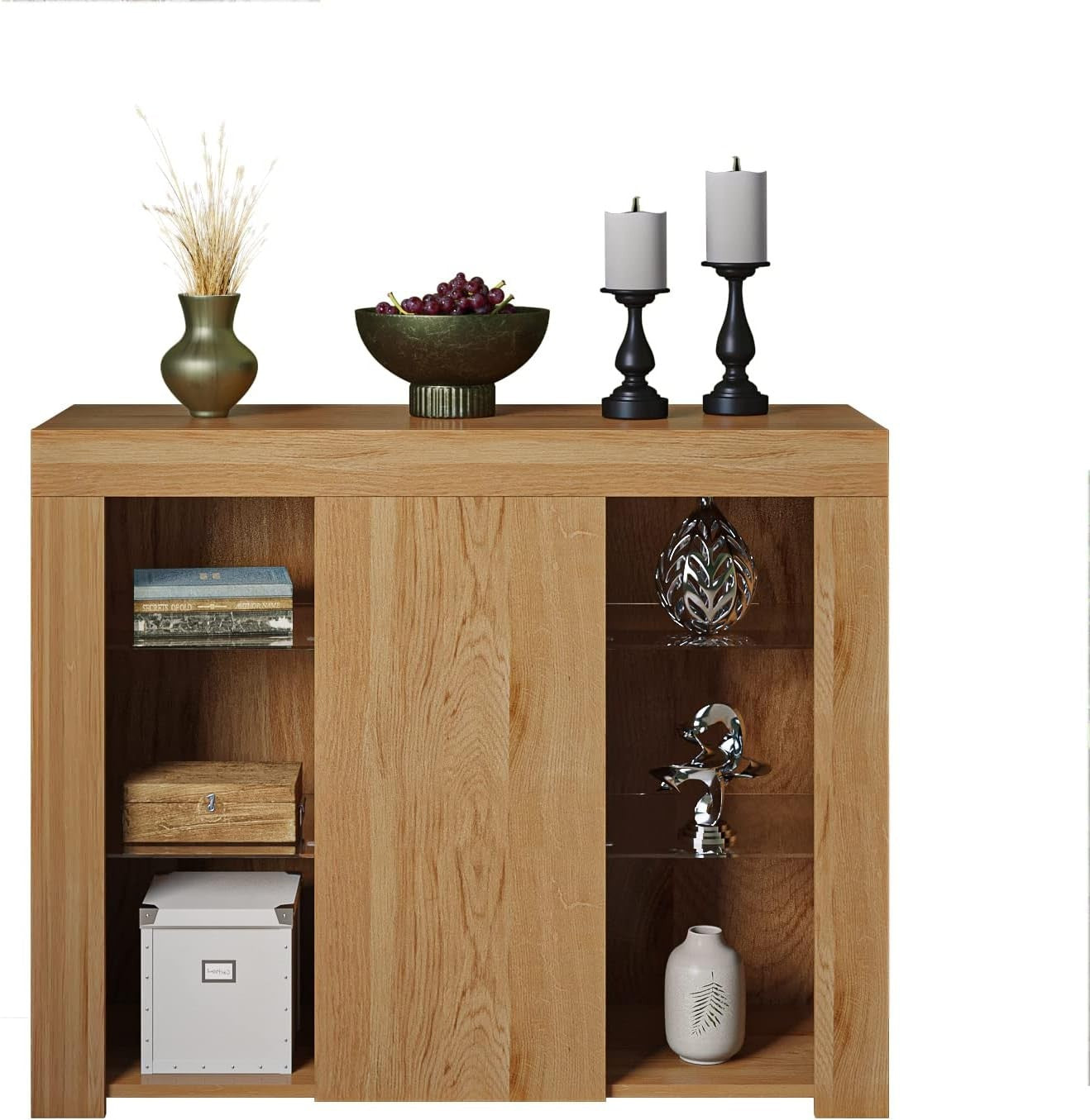 LED Sideboard Cabinet Storage Unit Glass Shelves Modern Display Cupboard - Kwikley