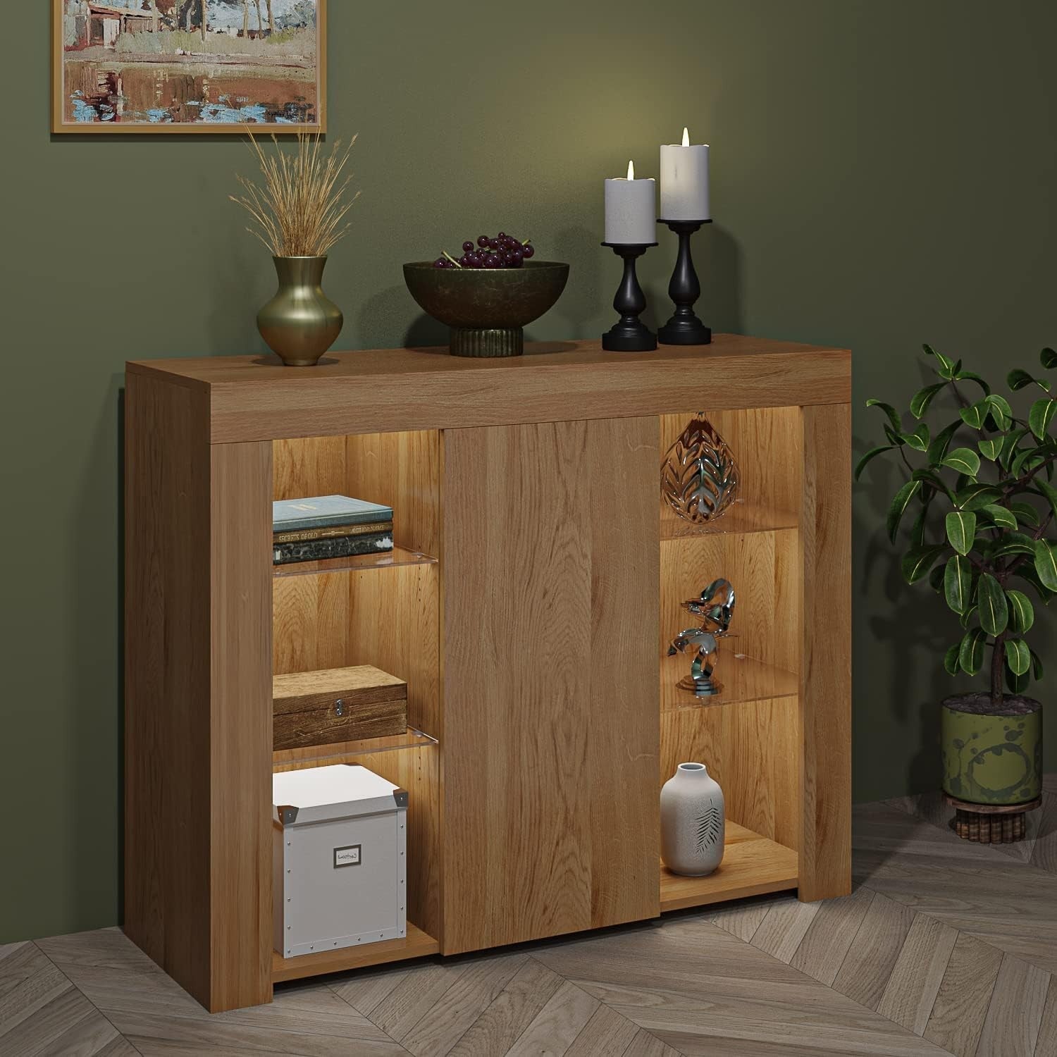 LED Sideboard Cabinet Storage Unit Glass Shelves Modern Display Cupboard - Kwikley
