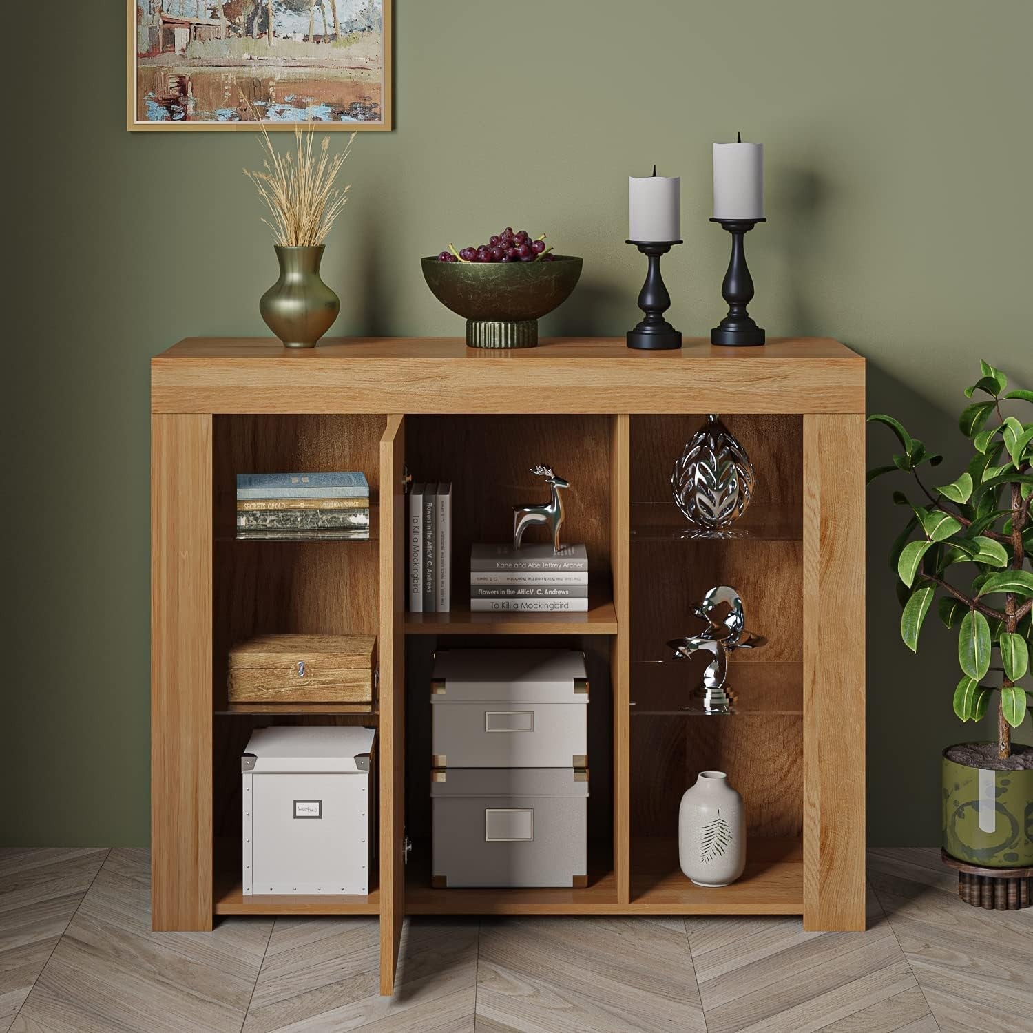 LED Sideboard Cabinet Storage Unit Glass Shelves Modern Display Cupboard - Kwikley