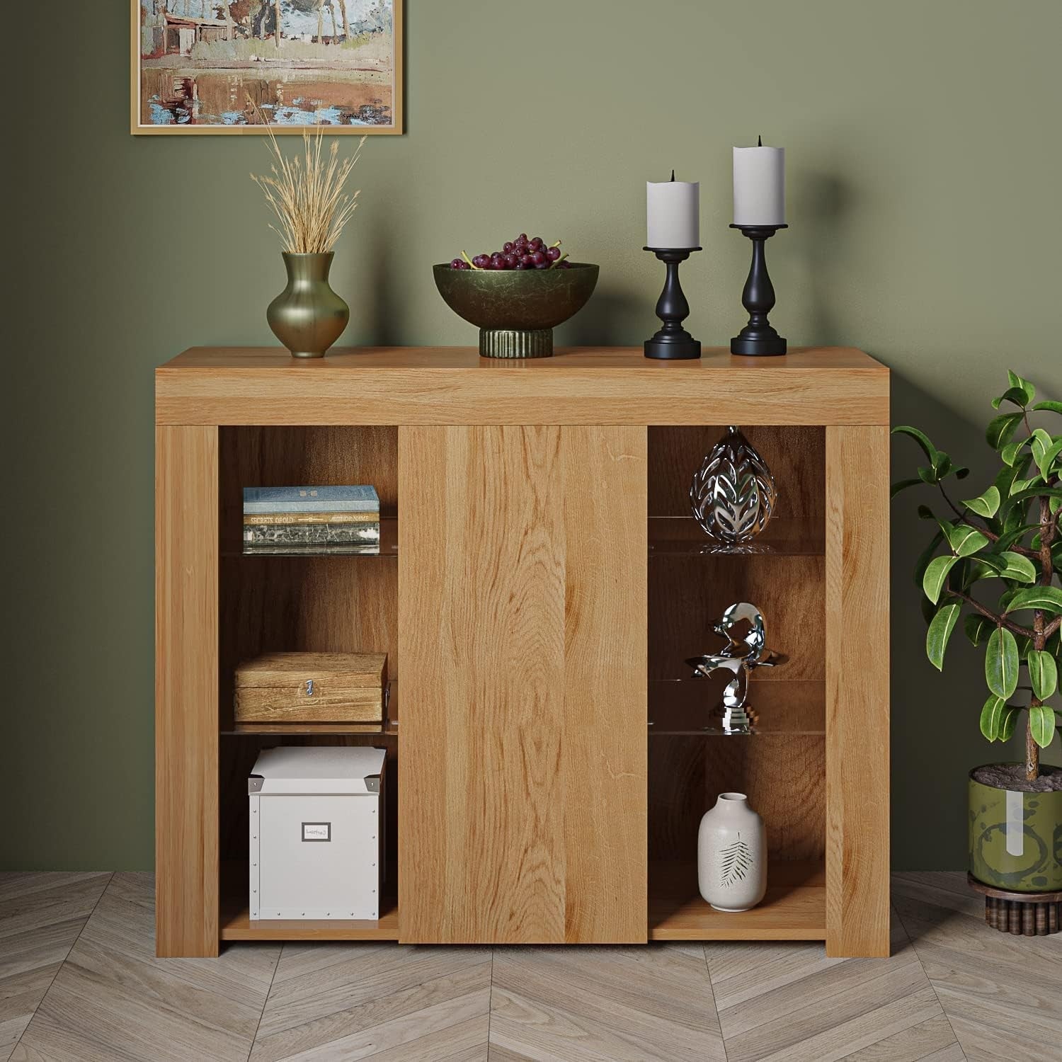 LED Sideboard Cabinet Storage Unit Glass Shelves Modern Display Cupboard - Kwikley