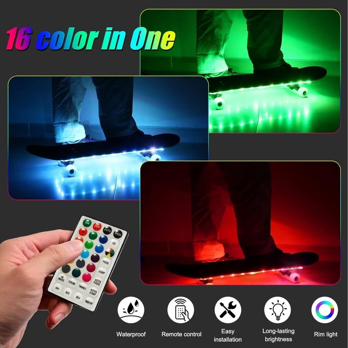 LED Skateboard Light Kit Remote Waterproof 16 - Color Night Riding Strip - Kwikley