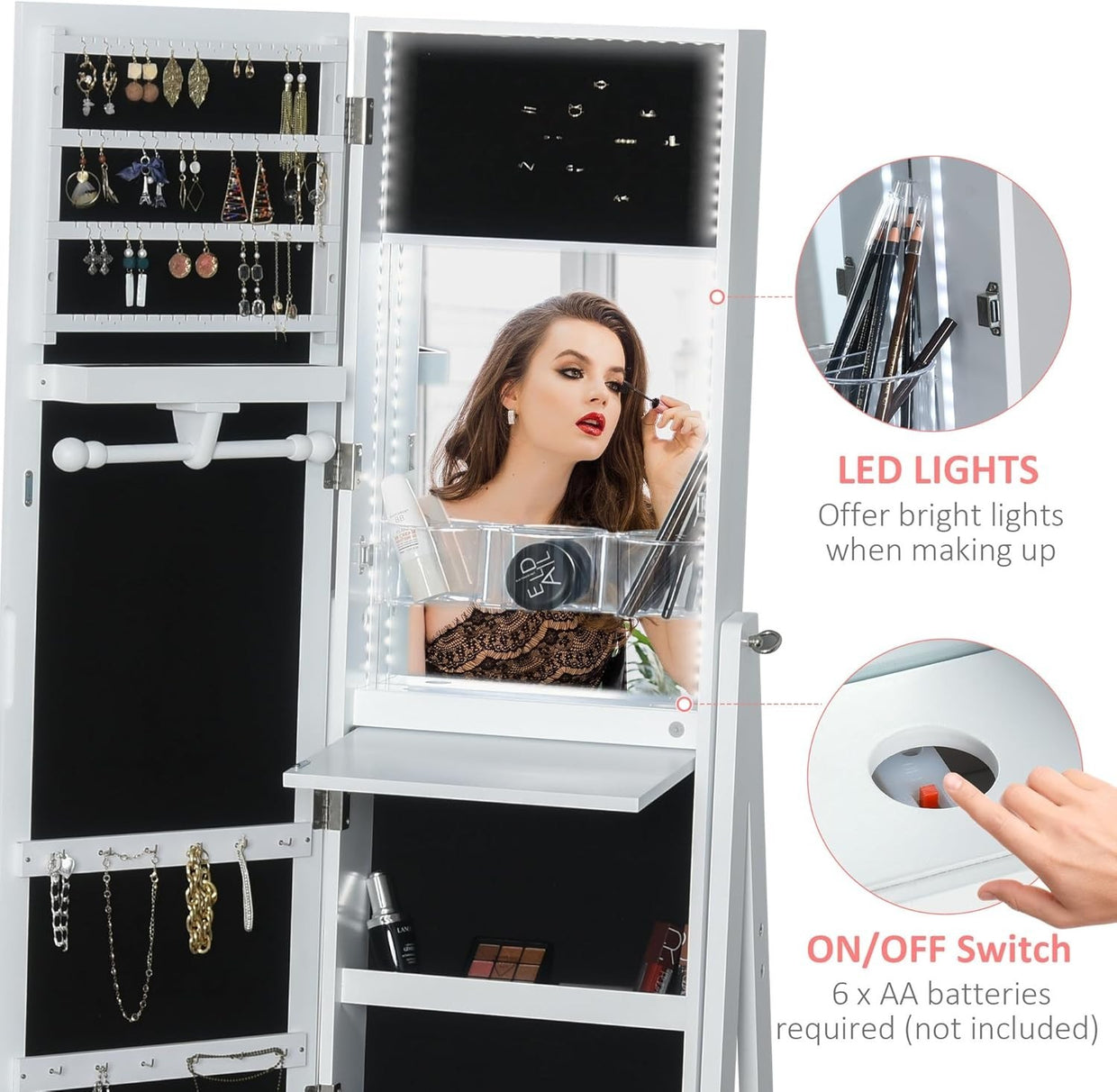 LED Standing Mirror Jewelry Cabinet Full Length Storage Drawers Organizer - Kwikley