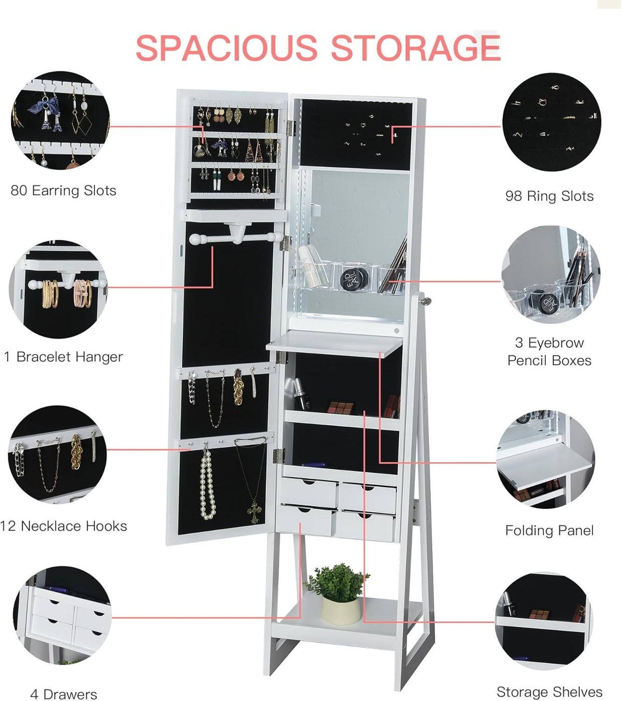 LED Standing Mirror Jewelry Cabinet Full Length Storage Drawers Organizer - Kwikley