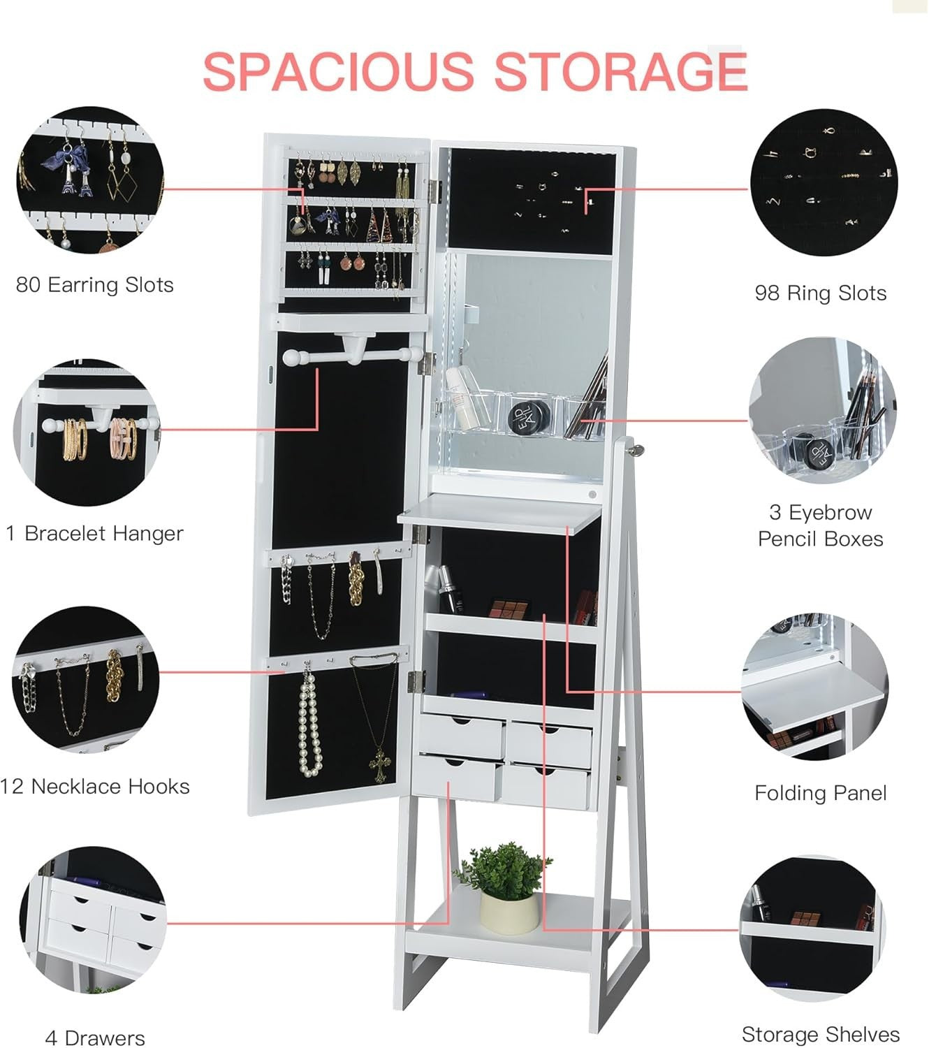 LED Standing Mirror Jewelry Cabinet Full Length Storage Drawers Organizer - Kwikley