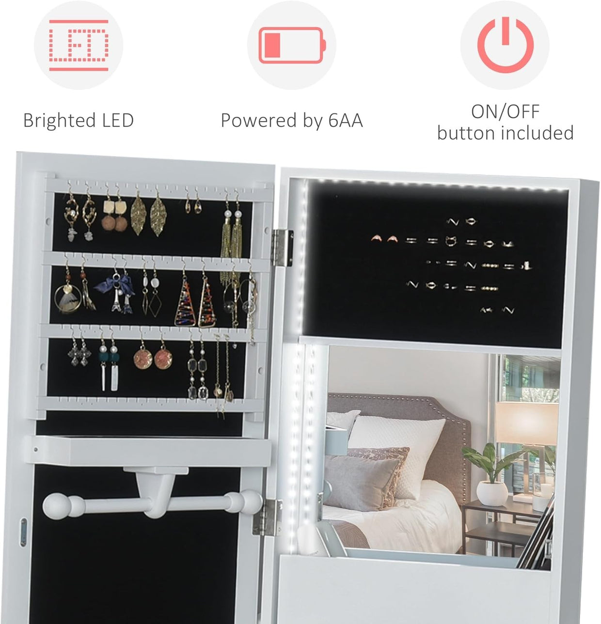 LED Standing Mirror Jewelry Cabinet Full Length Storage Drawers Organizer - Kwikley