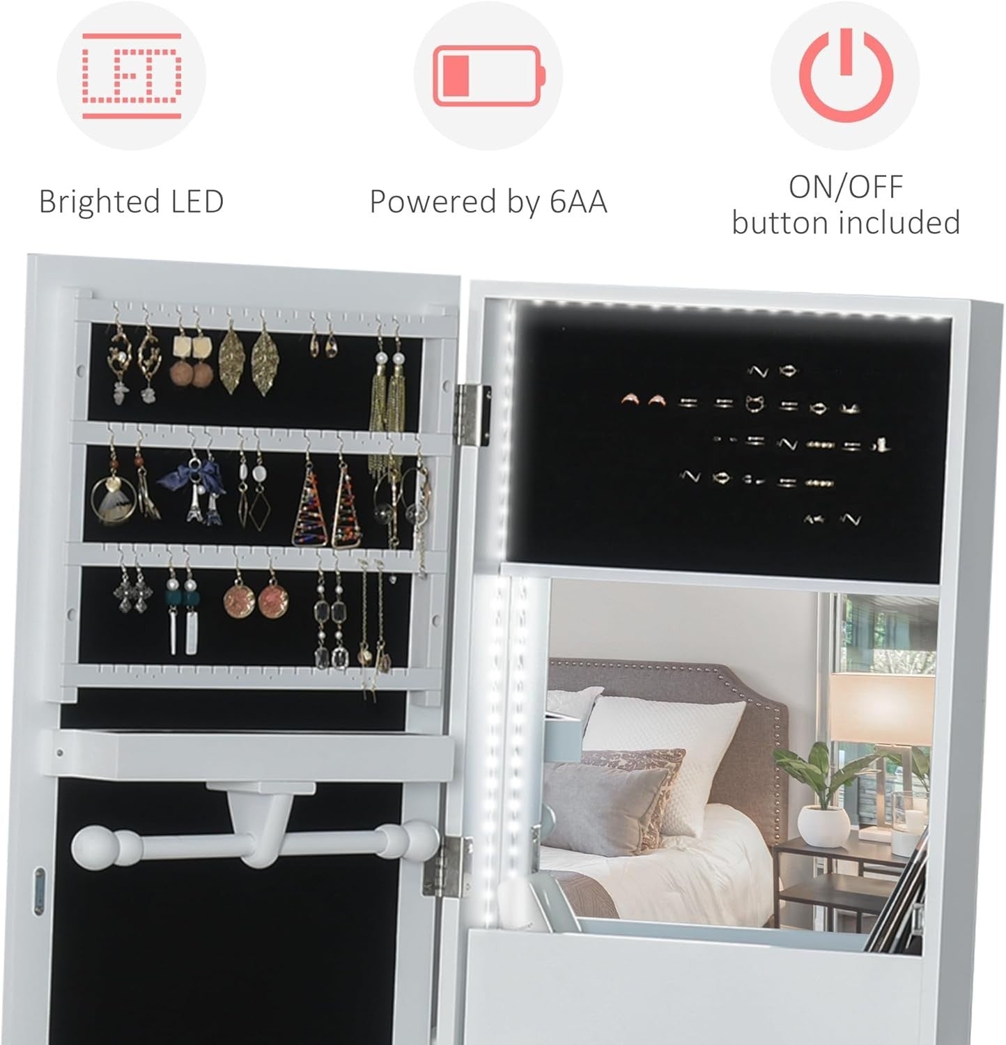 LED Standing Mirror Jewelry Cabinet Full Length Storage Drawers Organizer - Kwikley