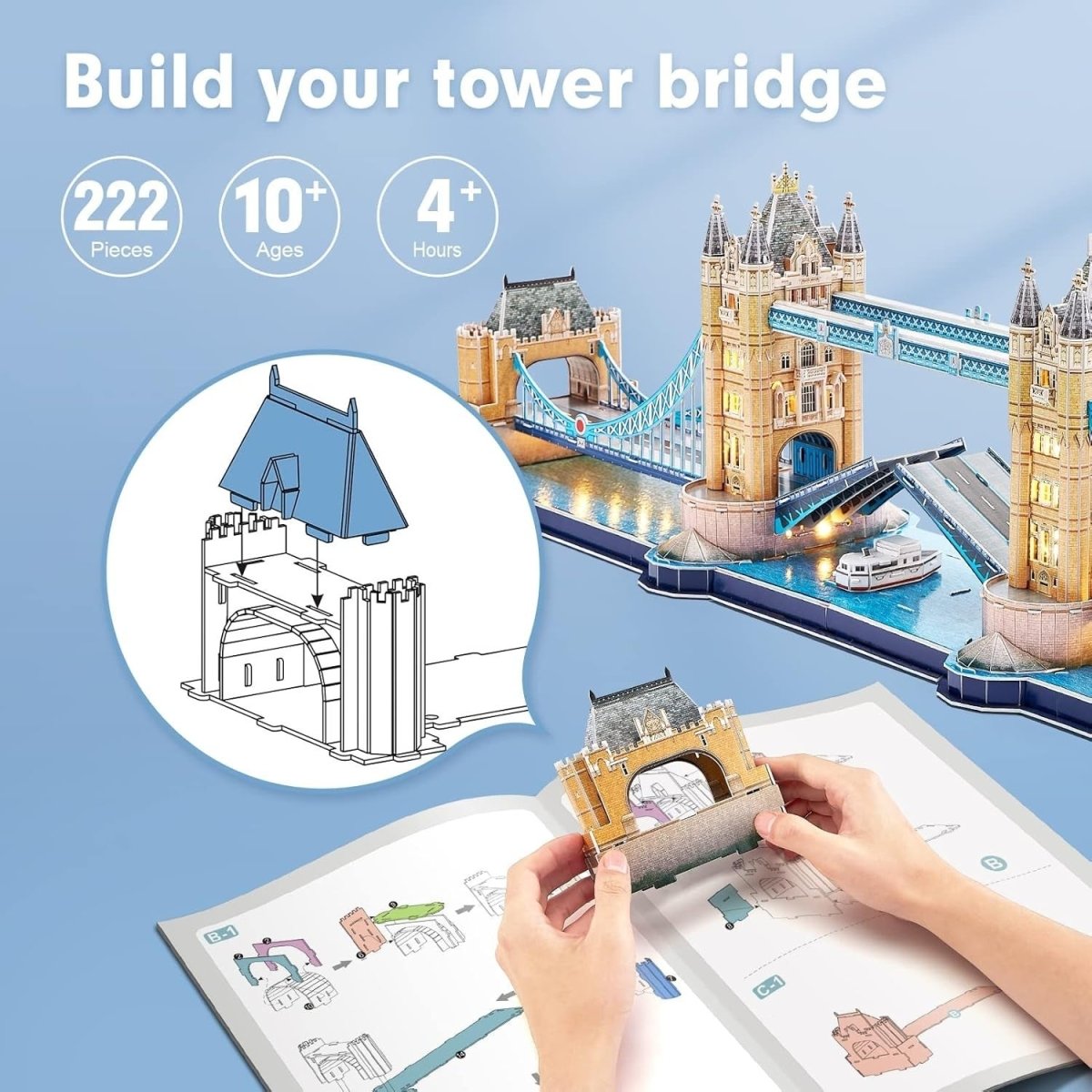 LED Tower Bridge London 3D Puzzle 222 Piece Model Kit Souvenir Gift - Kwikley