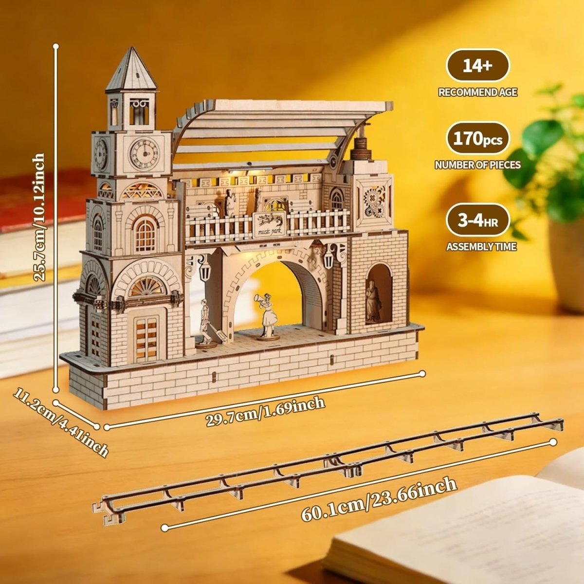 LED Train Station 3D Wooden Puzzle Model Kit DIY Night Light Decor - Kwikley