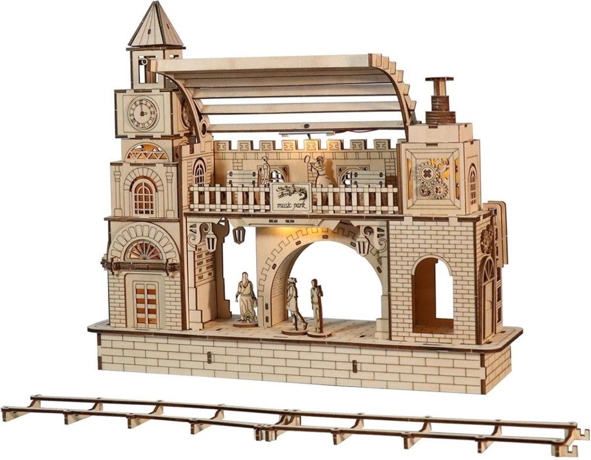 LED Train Station 3D Wooden Puzzle Model Kit DIY Night Light Decor - Kwikley