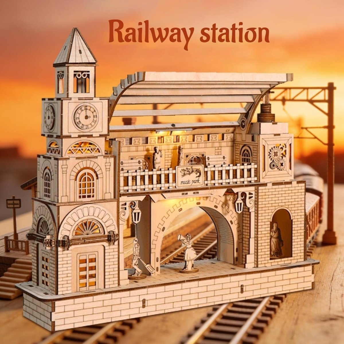 LED Train Station 3D Wooden Puzzle Model Kit DIY Night Light Decor - Kwikley