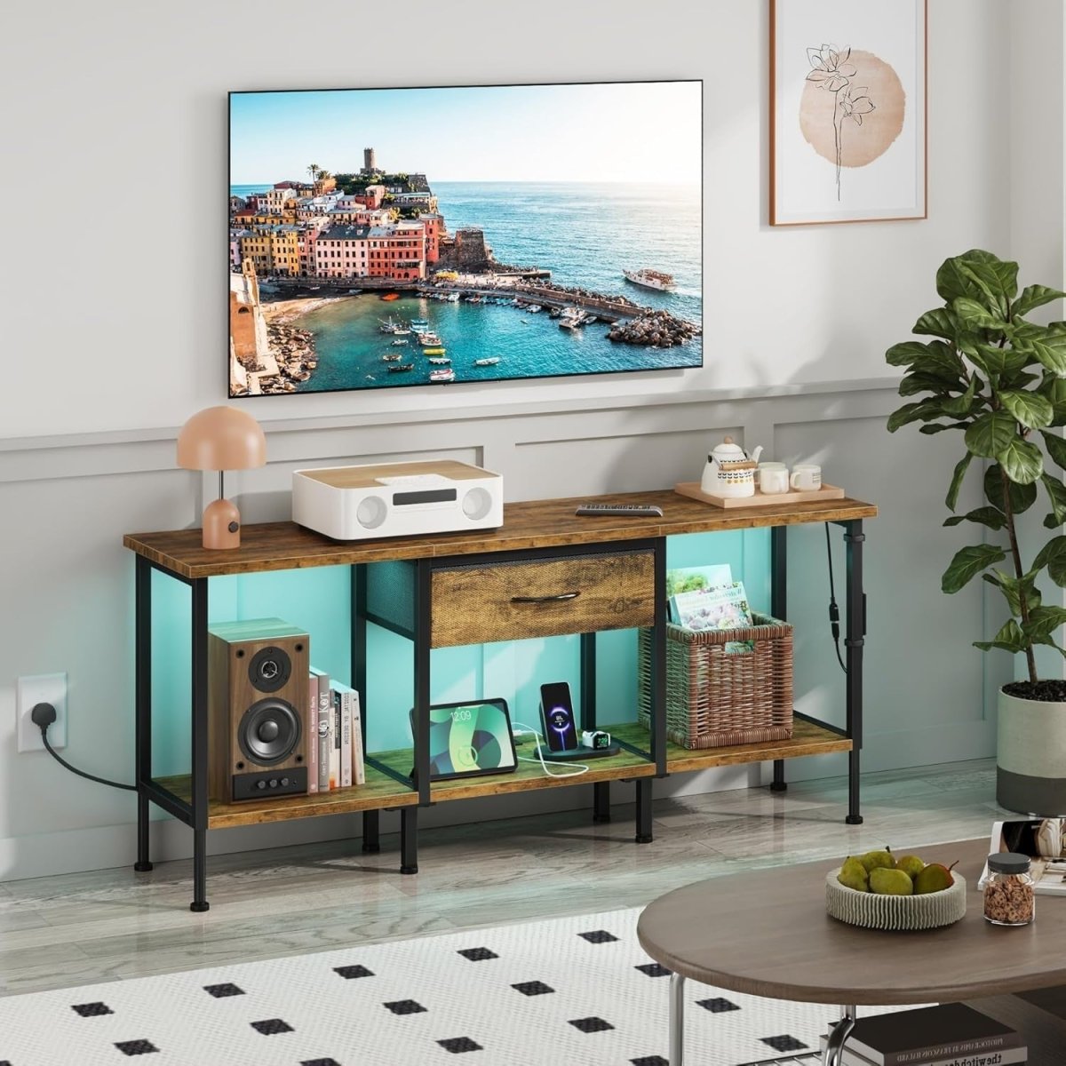 LED TV Stand Unit for 55” with Drawer, Storage Shelves & Power Outlet - Kwikley