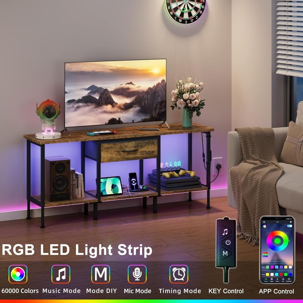 LED TV Stand Unit for 55” with Drawer, Storage Shelves & Power Outlet - Kwikley