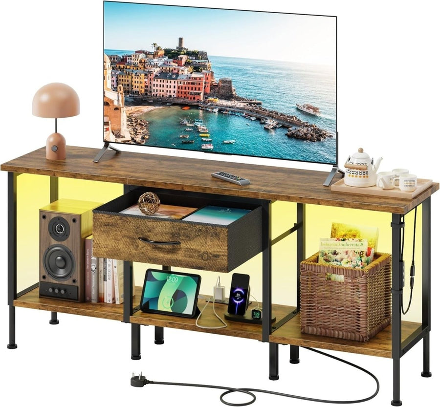 LED TV Stand Unit for 55” with Drawer, Storage Shelves & Power Outlet - Kwikley